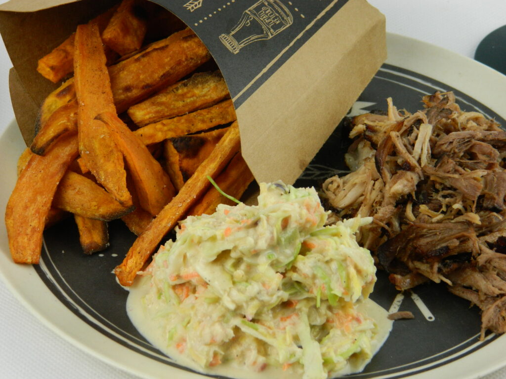 Pulled Pork with Sweet Potato Fries and Hot Coleslaw